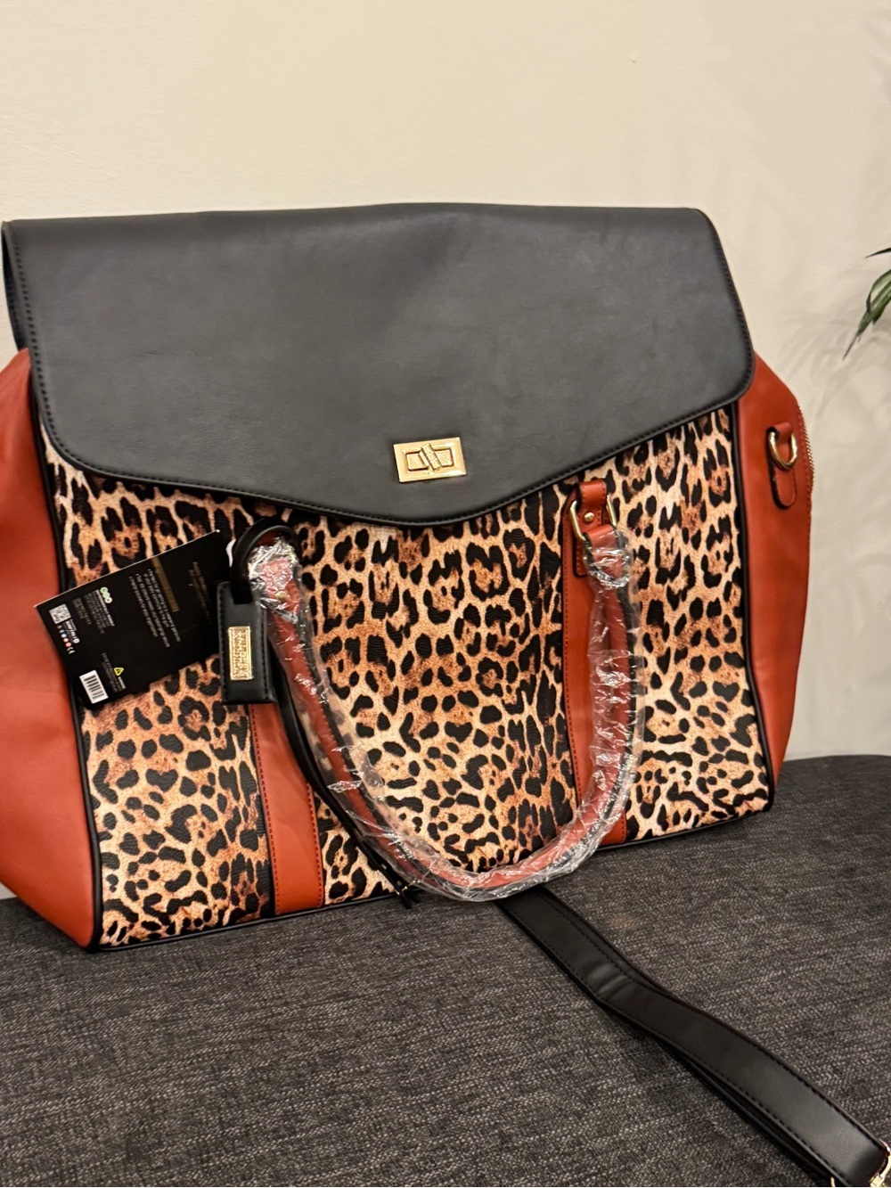 Badgley Mischka Leopard Print Leather Satchel Black Brown Accents weekender bag - Picture 10 of 15